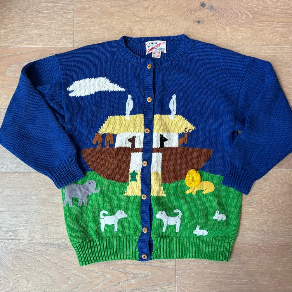 Vintage Cotton Salsa Noah's Ark Cardigan Sweater Bible Sunday Teacher